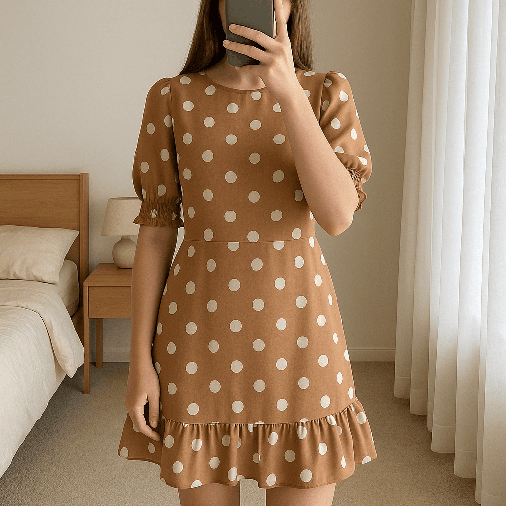 Like New Polka Dot Dress standing straight facing the camera, in a softly lit bedroom setting, with gentle natural light filtering through a window.