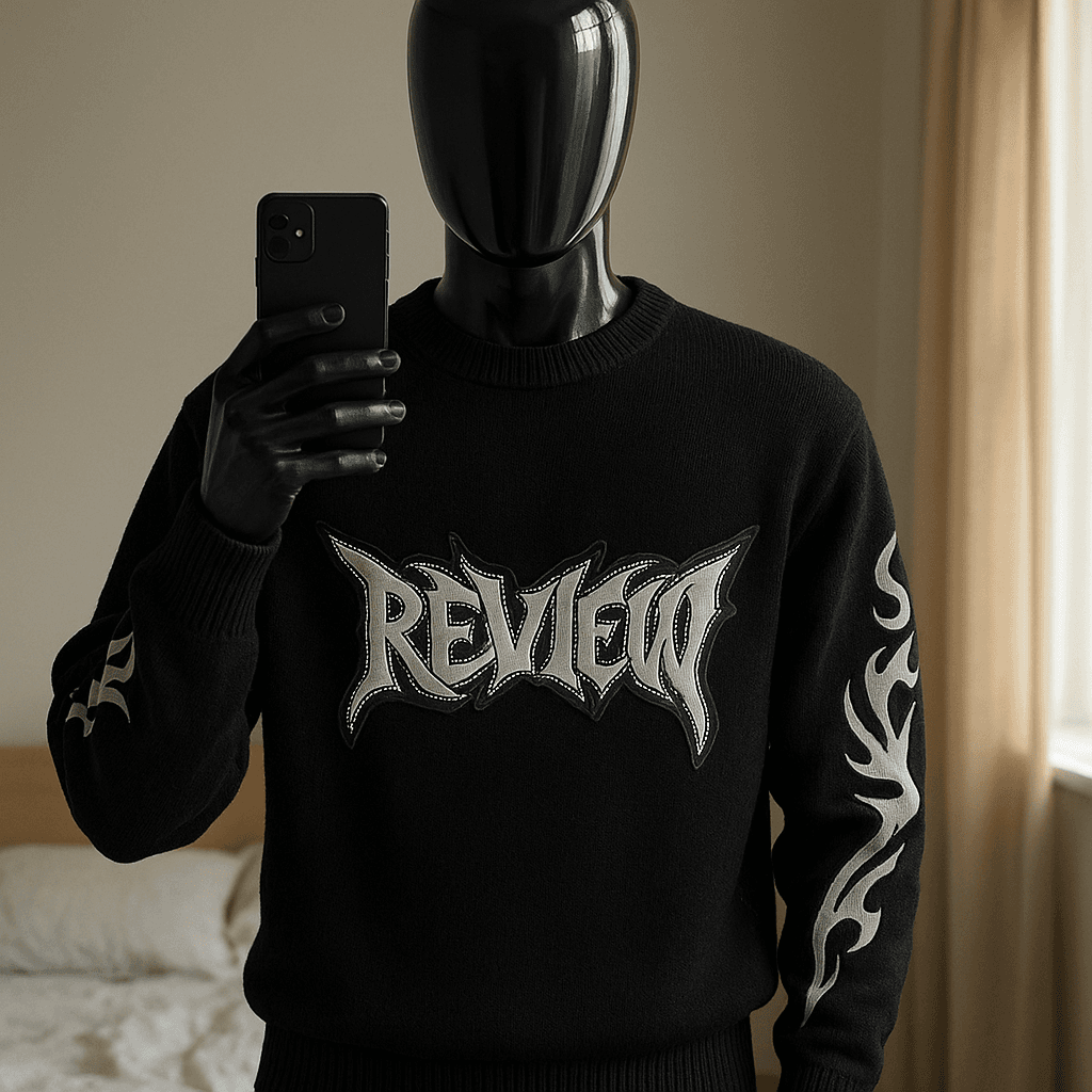 a glossy black plastic mannequin with no facial features in Čierny sveter Review standing straight facing the camera, with a slim body type, in a softly lit bedroom setting, with gentle natural light filtering through a window.