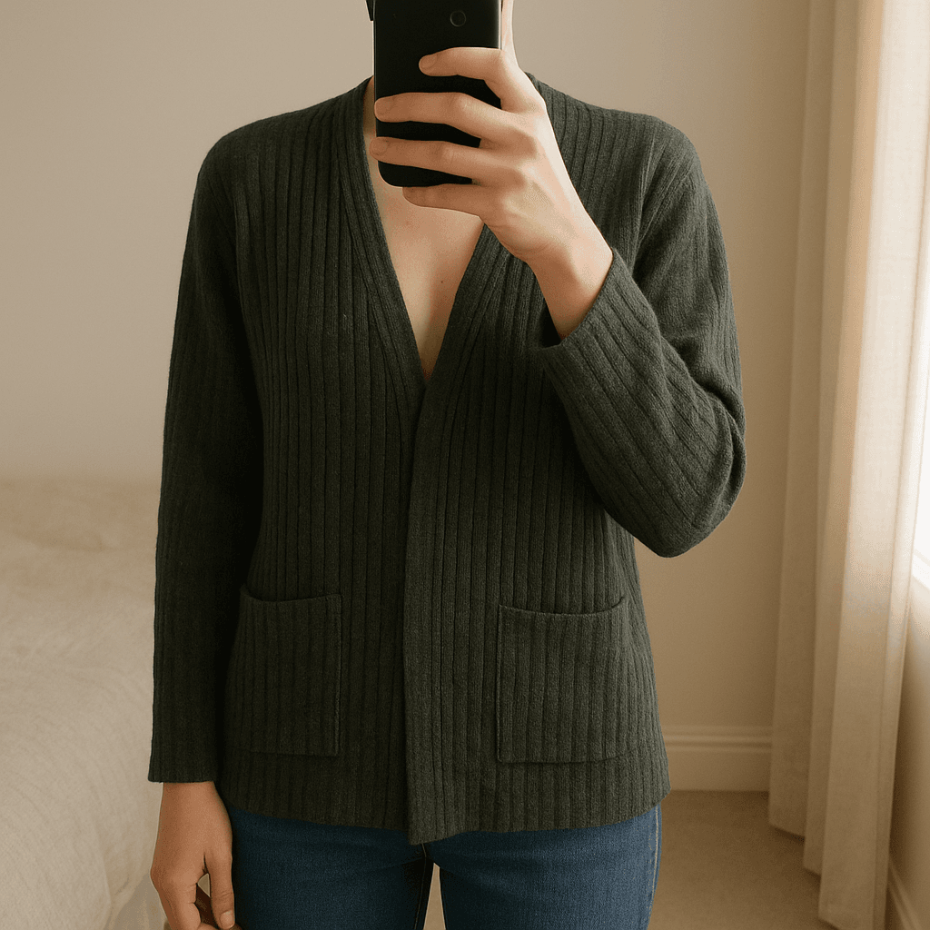 Wrap around cardigan standing straight facing the camera, in a softly lit bedroom setting, with gentle natural light filtering through a window.