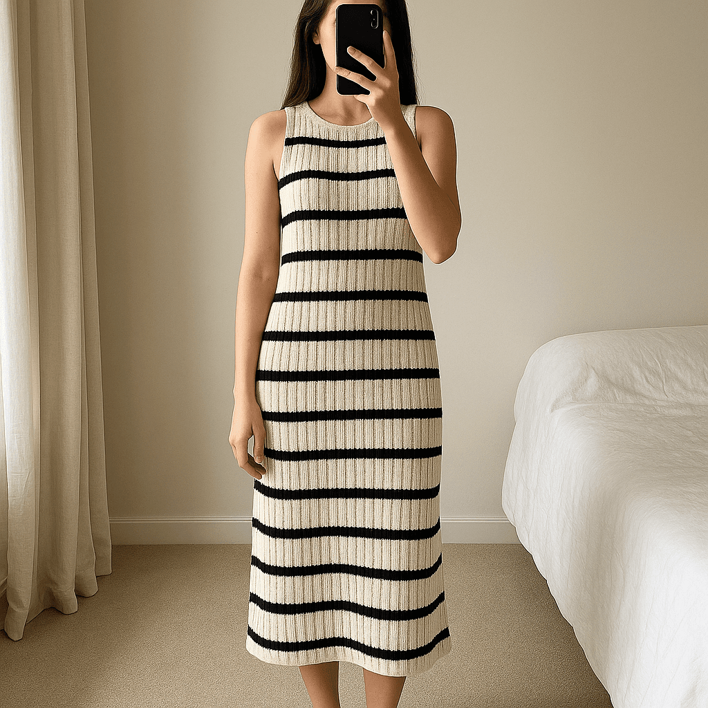 Robe à rayures mango M - Abito Donna mango in piedi, rivolto verso la fotocamera, in una camera da letto con luce soffusa e luce naturale che filtra dalla finestra.