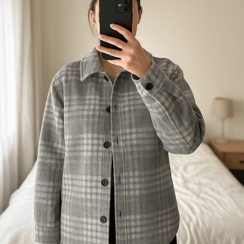 Uniqlo grey shacket standing straight facing the camera, in a softly lit bedroom setting, with gentle natural light filtering through a window.