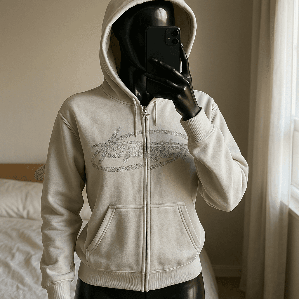 a glossy black plastic mannequin with no facial features in Béžová mikina na zips standing straight facing the camera, with a slim body type, in a softly lit bedroom setting, with gentle natural light filtering through a window.