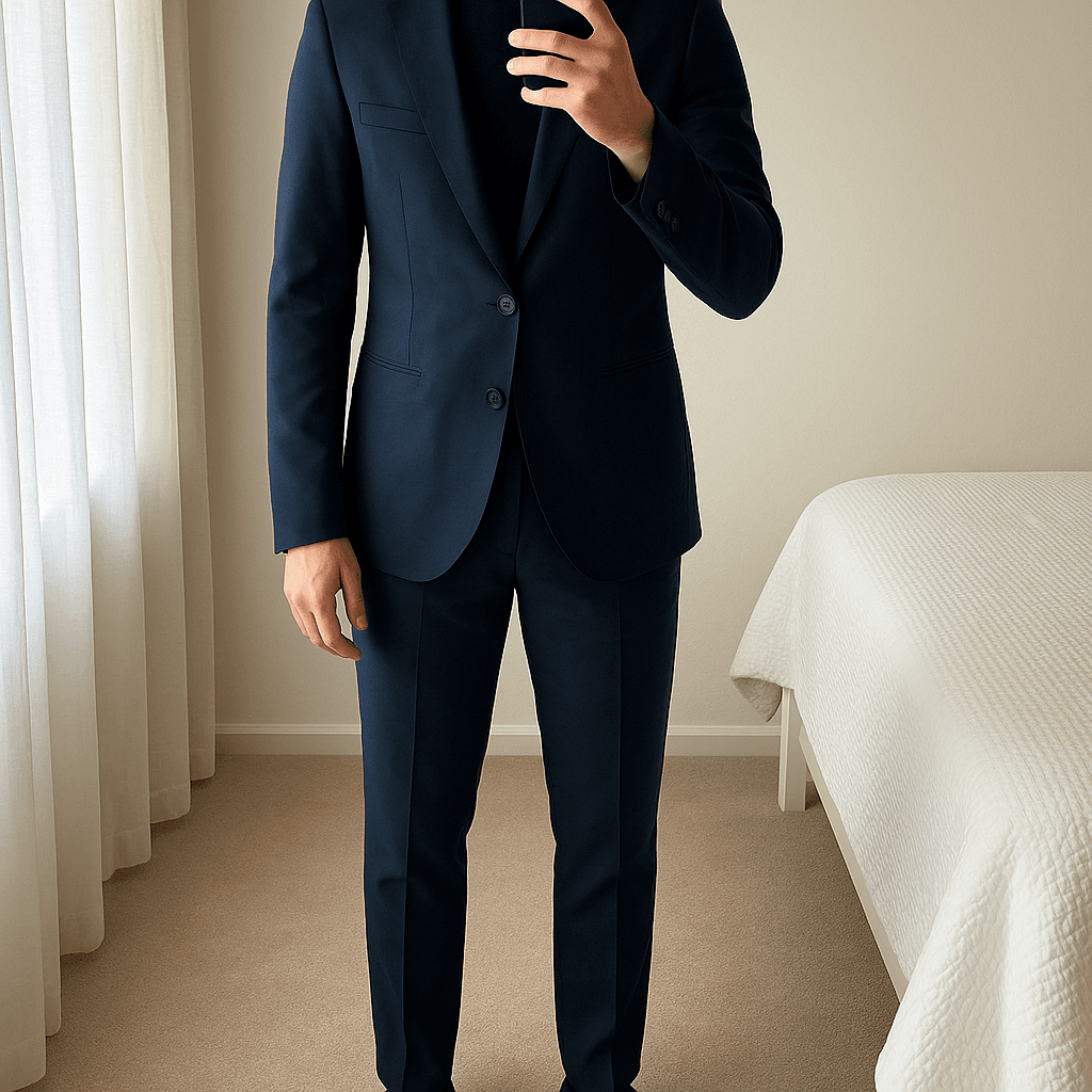 Costume homme bleu marine Zara - blazer Pantaloni Zara uomo in piedi, rivolto verso la fotocamera, in una camera da letto con luce soffusa e luce naturale che filtra dalla finestra.