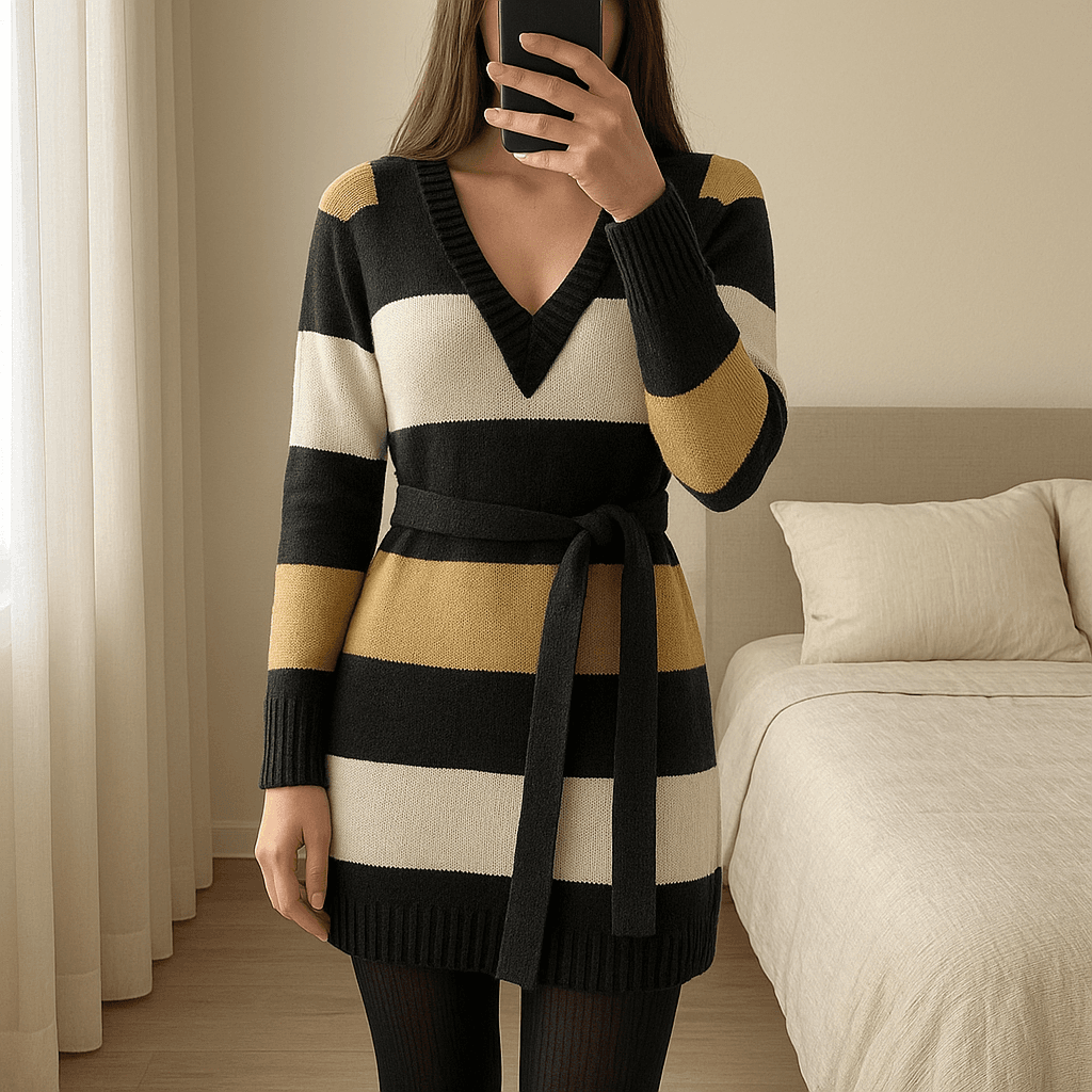 Strickkleid H&M mit Gürtel gestreift schwarz braun weiß Gr: M aufrecht stehend, der Kamera zugewandt, in einem sanft beleuchteten Schlafzimmer, mit natürlichem Licht, das durch ein Fenster fällt.