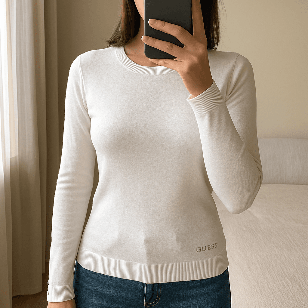 🤍 Cardigan bianco Guess – Taglia XS, nuovo mai indossato in piedi, rivolto verso la fotocamera, in una camera da letto con luce soffusa e luce naturale che filtra dalla finestra.