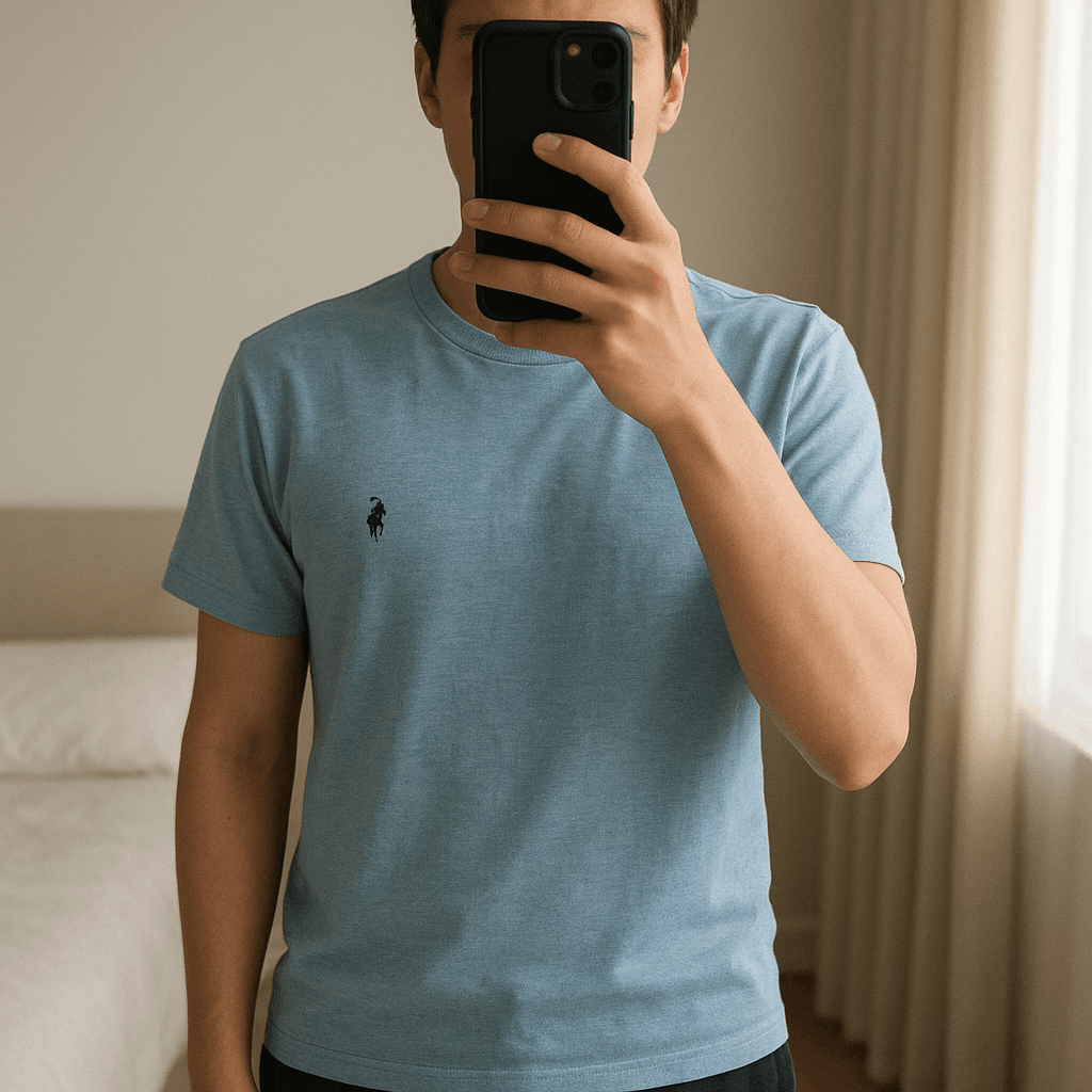 Ralph Lauren Marl Blue T-shirt - Medium standing straight facing the camera, in a softly lit bedroom setting, with gentle natural light filtering through a window.