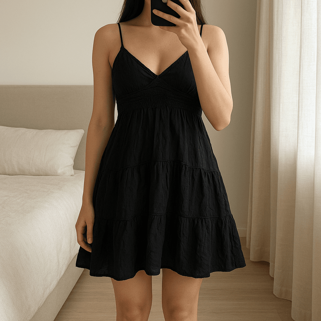 Abito corto in piedi, rivolto verso la fotocamera, in una camera da letto con luce soffusa e luce naturale che filtra dalla finestra.