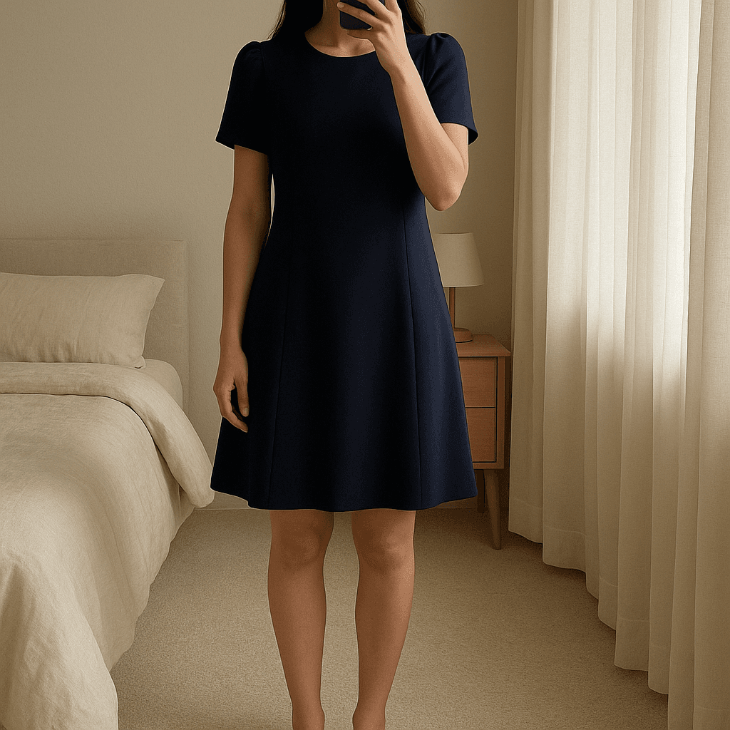 Mini abito Zara in piedi, rivolto verso la fotocamera, in una camera da letto con luce soffusa e luce naturale che filtra dalla finestra.