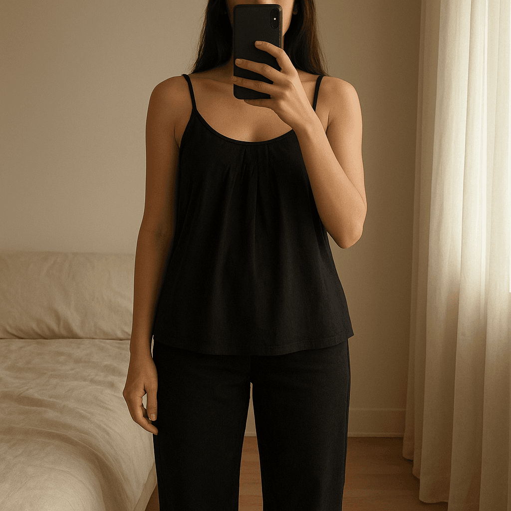 Schwarzes Trägertop mit Falten-Detail – Größe M aufrecht stehend, der Kamera zugewandt, in einem sanft beleuchteten Schlafzimmer, mit natürlichem Licht, das durch ein Fenster fällt.