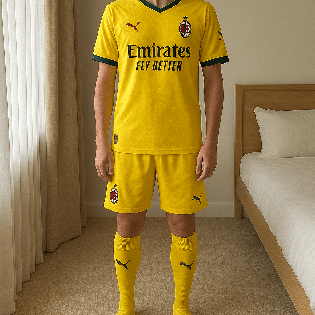 Completo Rafa Leão tg L - maglia+pantaloncino in piedi, rivolto verso la fotocamera, in una camera da letto con luce soffusa e luce naturale che filtra dalla finestra.