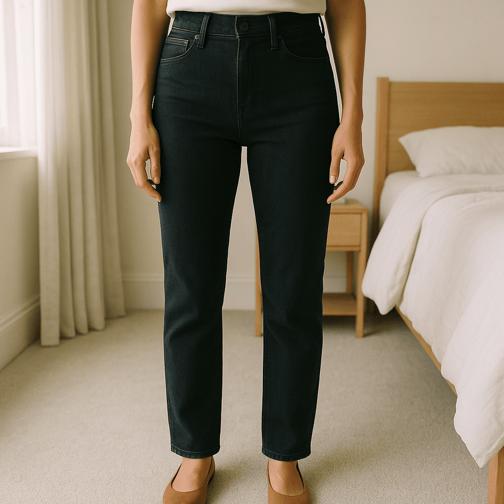 Levi's black women's  high rise straight jeans W28 L30 standing straight facing the camera, in a softly lit bedroom setting, with gentle natural light filtering through a window.
