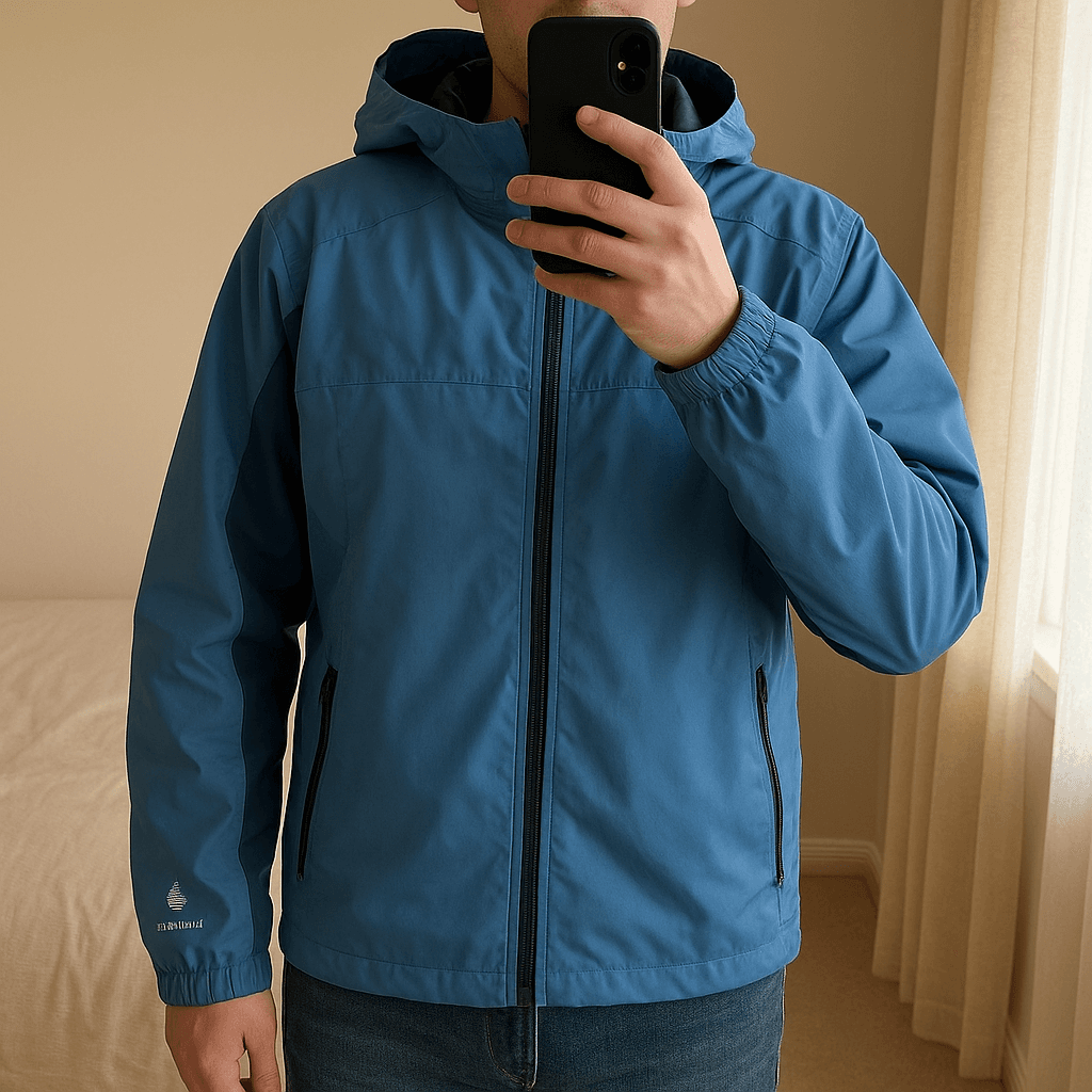 Outdoor Scene Mens Light Blue Showerproof Jacket Lined Windbreaker - Large standing straight facing the camera, in a softly lit bedroom setting, with gentle natural light filtering through a window.
