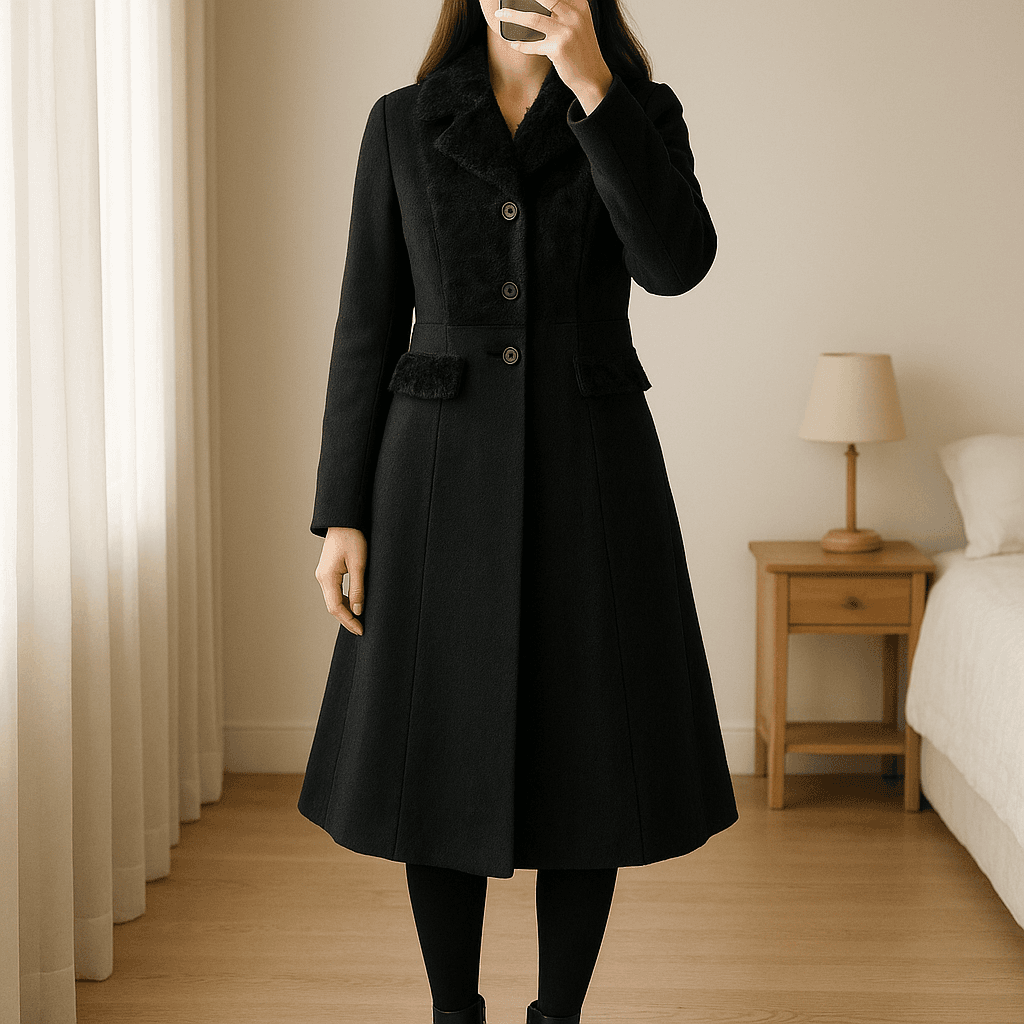 Cappotto Vintage Future Ozbek tg S in piedi, rivolto verso la fotocamera, in una camera da letto con luce soffusa e luce naturale che filtra dalla finestra.