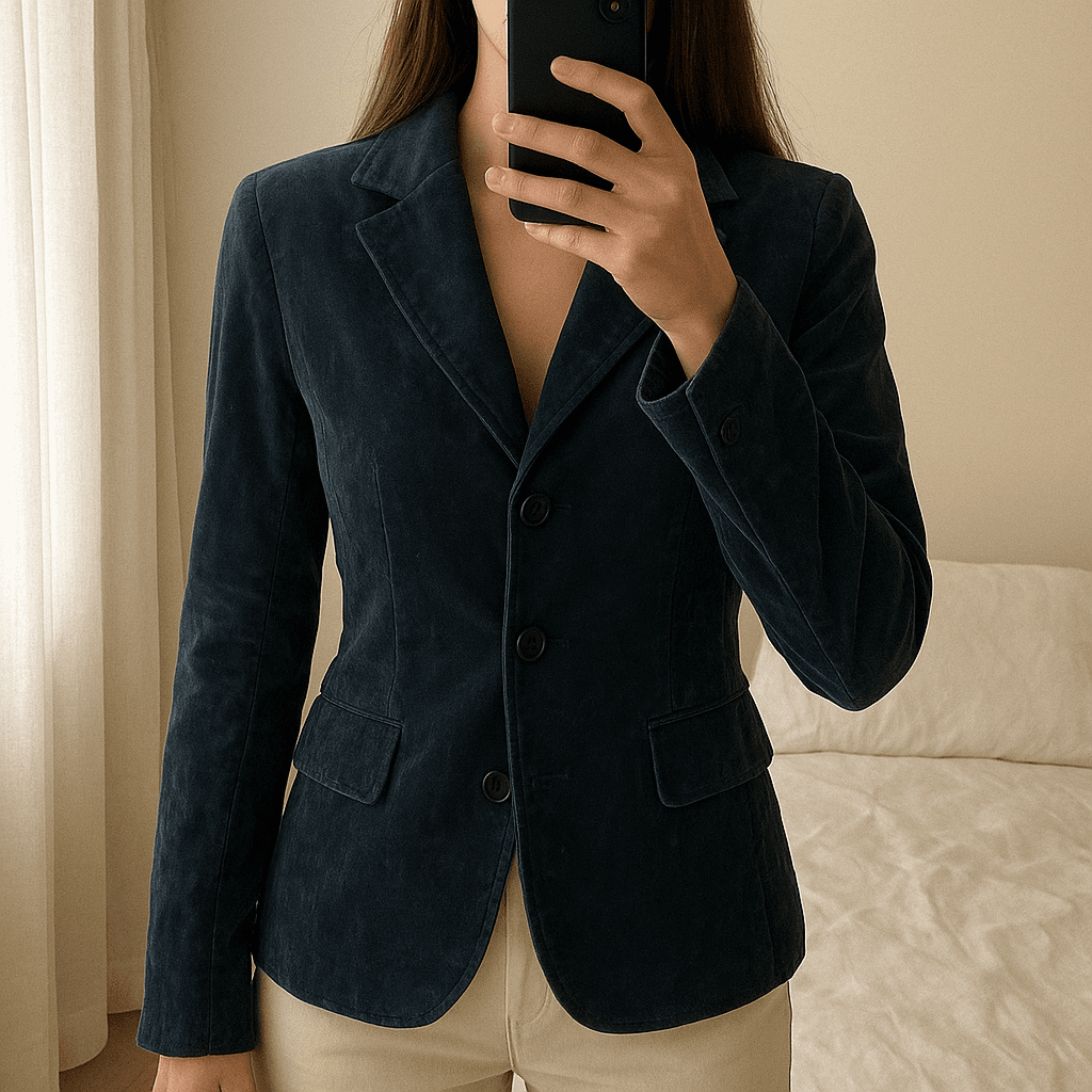 Blazer blu - Liu Jo Jeans in piedi, rivolto verso la fotocamera, in una camera da letto con luce soffusa e luce naturale che filtra dalla finestra.