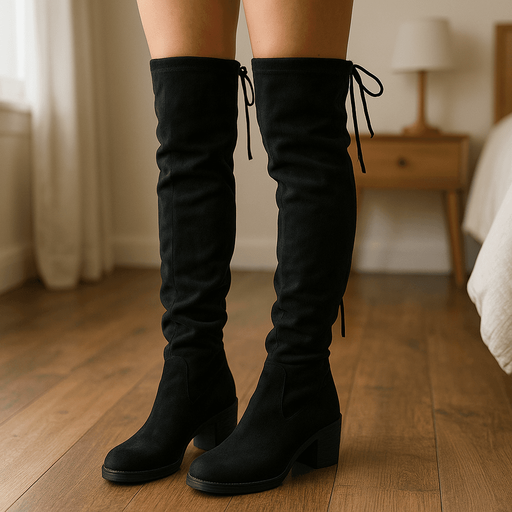 Women's thigh high boots size 3 standing straight facing the camera, in a softly lit bedroom setting, with gentle natural light filtering through a window.