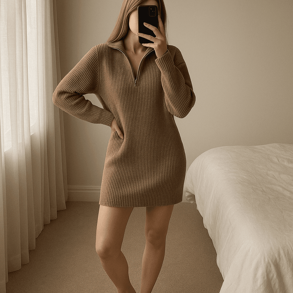 Una persona in Long pull col camionneur M / robe - Maglione Abito  Donna inarcando leggermente la schiena per una posa dinamica, in una camera da letto con luce soffusa e luce naturale che filtra dalla finestra.