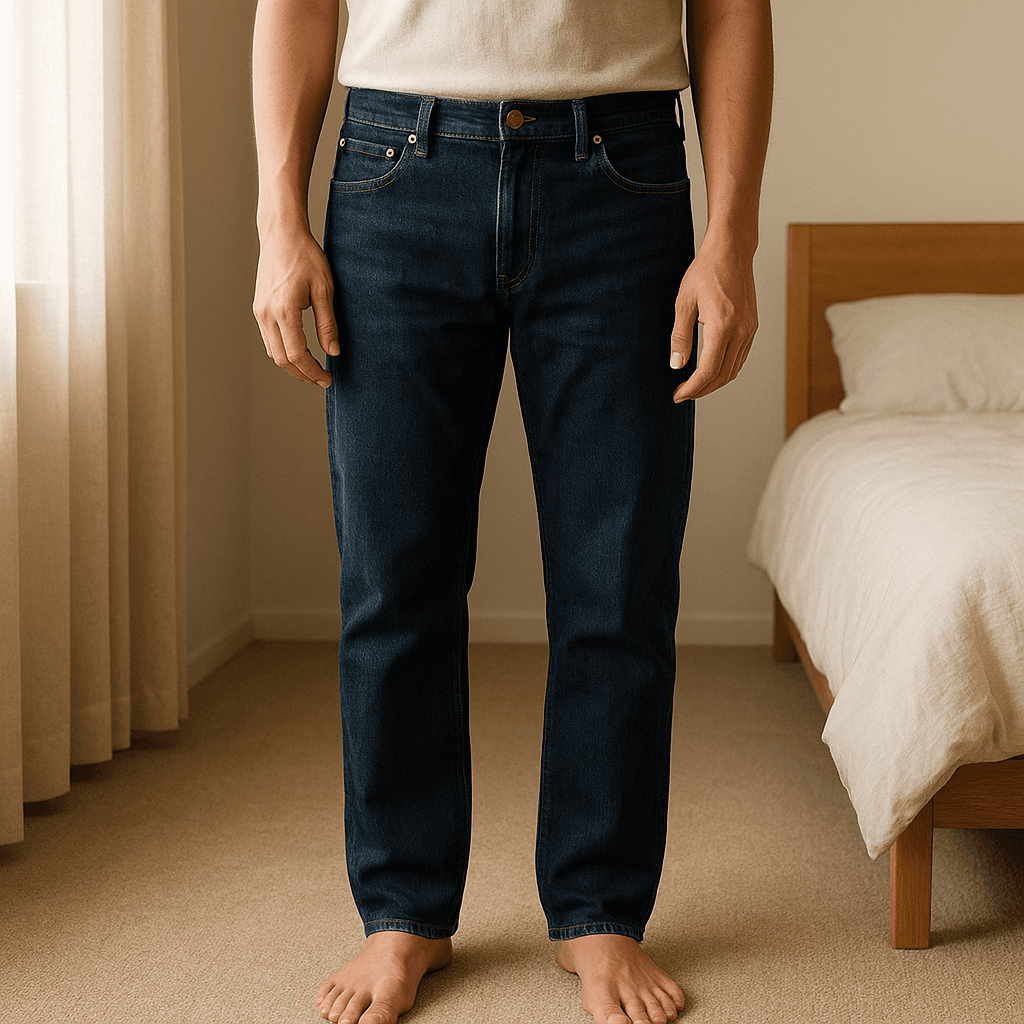 Jeans nero LEE taglia 32/38 – come nuovo in piedi, rivolto verso la fotocamera, in una camera da letto con luce soffusa e luce naturale che filtra dalla finestra.