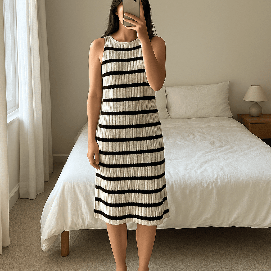 Robe à rayures mango M - Abito Donna mango in piedi, rivolto verso la fotocamera, in una camera da letto con luce soffusa e luce naturale che filtra dalla finestra.