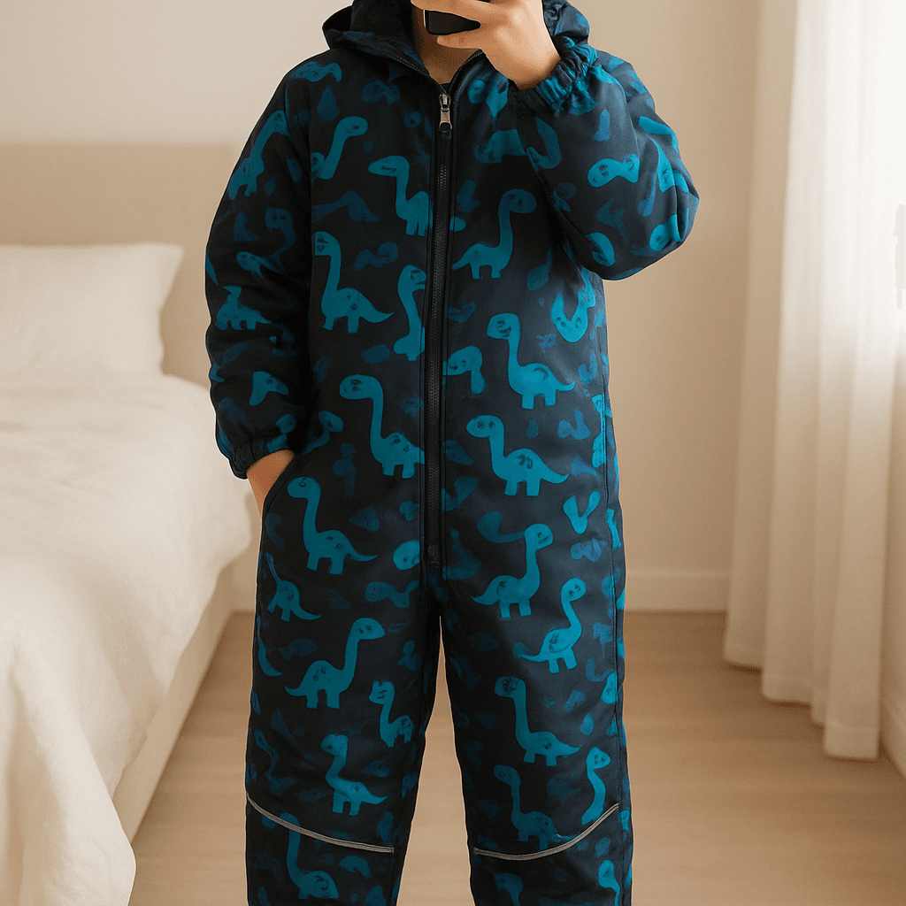 Schneeanzug mit Dino-Muster – Größe 74/80 Lupilu aufrecht stehend, der Kamera zugewandt, in einem sanft beleuchteten Schlafzimmer, mit natürlichem Licht, das durch ein Fenster fällt.