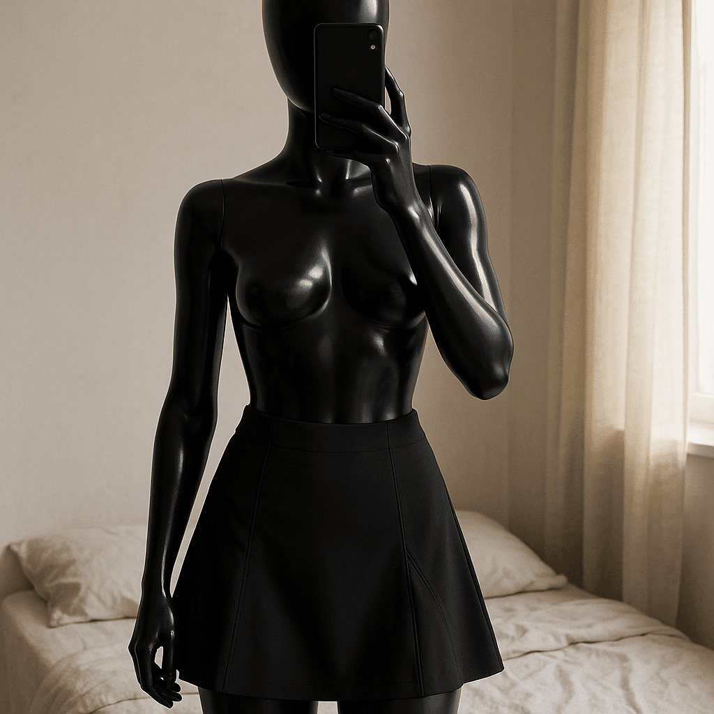 a glossy black plastic mannequin with no facial features in Tmavomodrá sukňa / skort standing straight facing the camera, with a slim body type, in a softly lit bedroom setting, with gentle natural light filtering through a window.