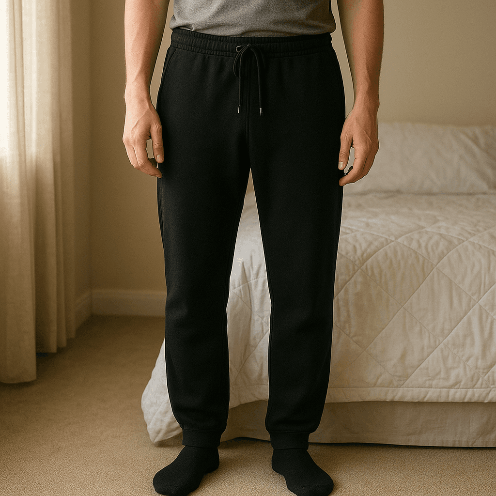 Schwarze Jogginghose – schlicht & bequem aufrecht stehend, der Kamera zugewandt, in einem sanft beleuchteten Schlafzimmer, mit natürlichem Licht, das durch ein Fenster fällt.