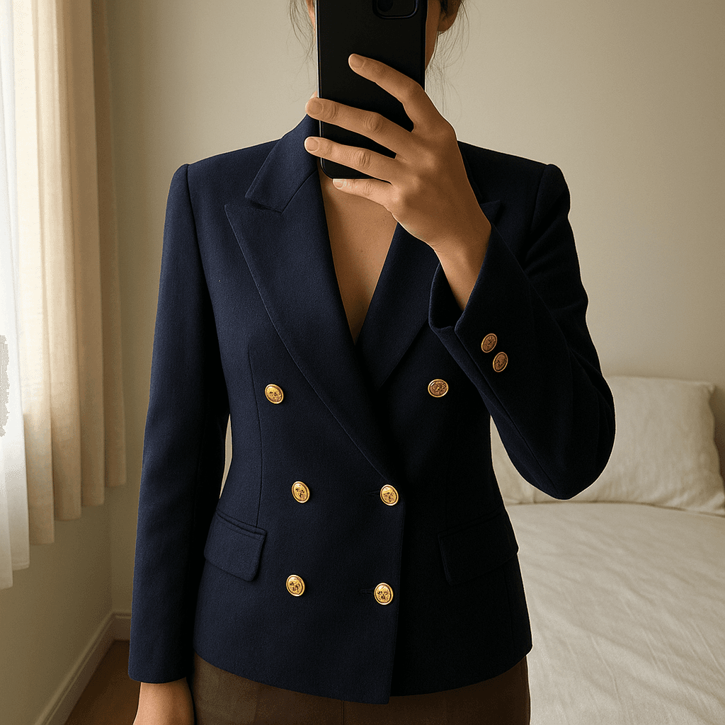 Giacca vintage in stile marianro in piedi, rivolto verso la fotocamera, in una camera da letto con luce soffusa e luce naturale che filtra dalla finestra.