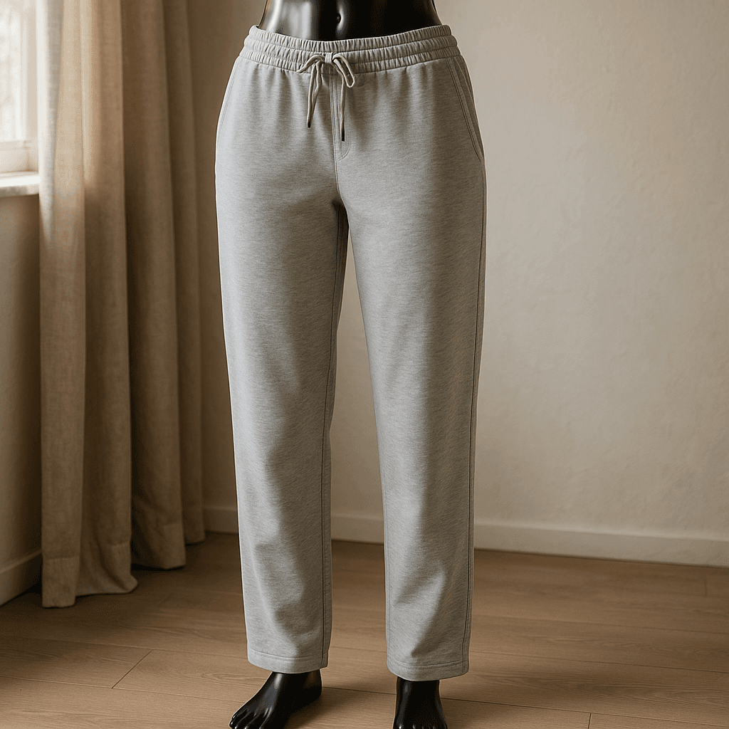 a glossy black plastic mannequin with no facial features in Svetlosivé rovné tepláky standing straight facing the camera, with a slim body type, in a softly lit bedroom setting, with gentle natural light filtering through a window.