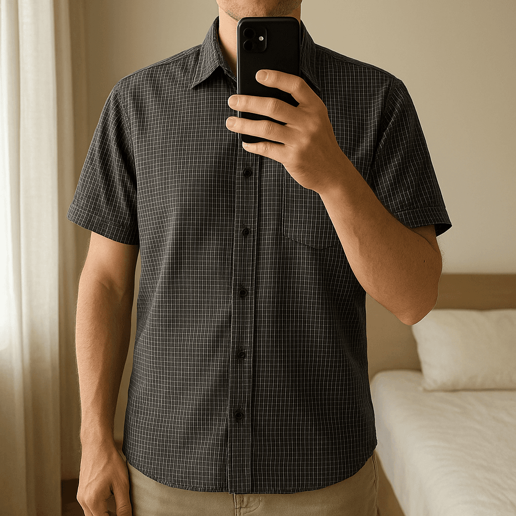 Mens Shirt.   Hippo standing straight facing the camera, in a softly lit bedroom setting, with gentle natural light filtering through a window.
