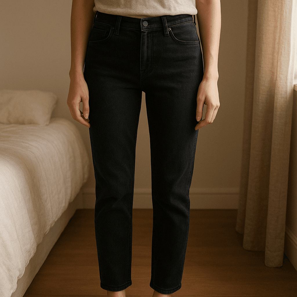High waist jeans standing straight facing the camera, in a softly lit bedroom setting, with gentle natural light filtering through a window.