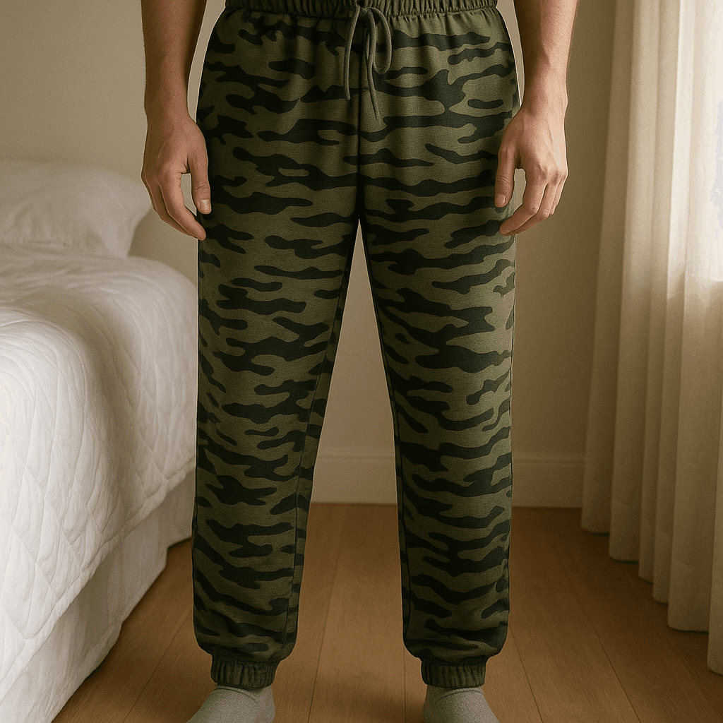 Camouflage Jogginghose – lässig & bequem aufrecht stehend, der Kamera zugewandt, in einem sanft beleuchteten Schlafzimmer, mit natürlichem Licht, das durch ein Fenster fällt.