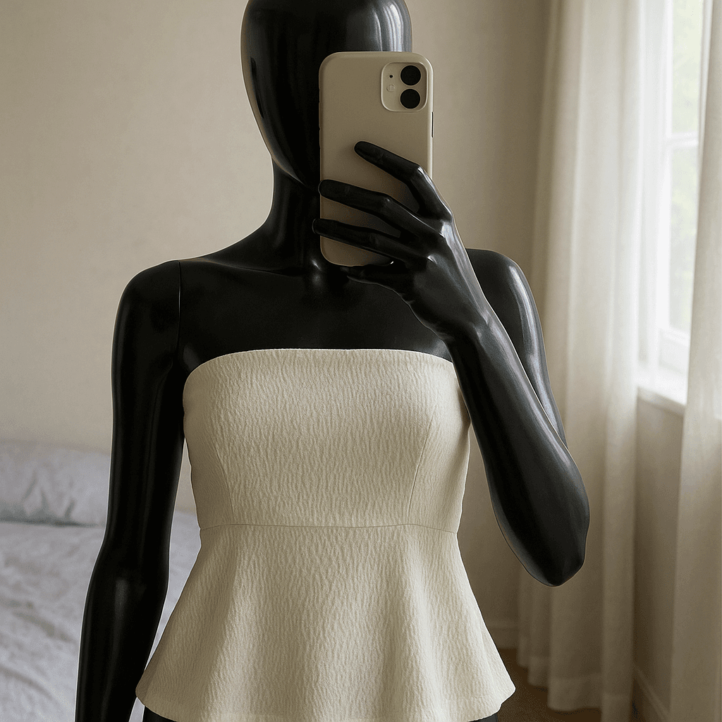 a glossy black plastic mannequin with no facial features in Top bez ramienok standing straight facing the camera, with a slim body type, in a softly lit bedroom setting, with gentle natural light filtering through a window.