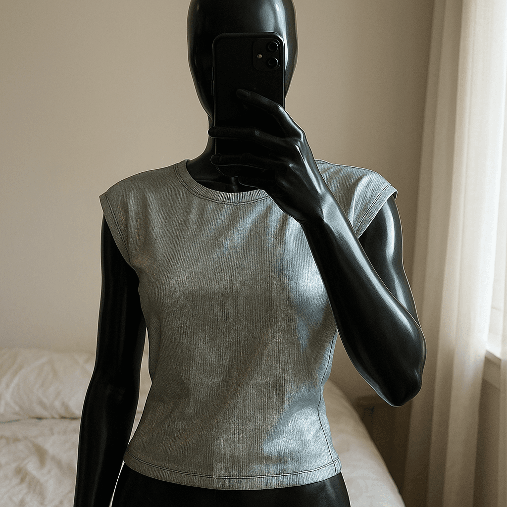 a glossy black plastic mannequin with no facial features in Strieborný metalický top standing straight facing the camera, with a slim body type, in a softly lit bedroom setting, with gentle natural light filtering through a window.