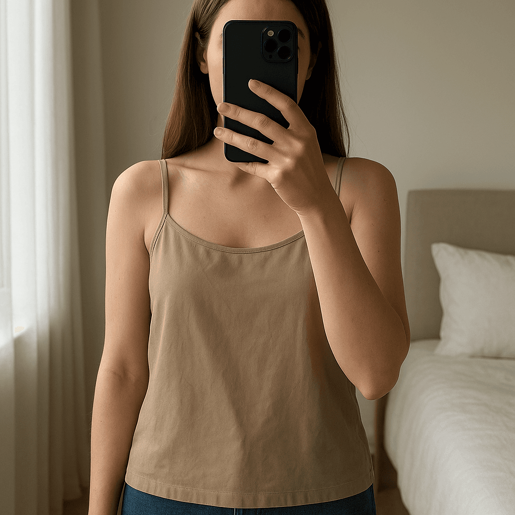 Top à bretelles Zara beige M - canottiere Maglietta Donna Zara in piedi, rivolto verso la fotocamera, in una camera da letto con luce soffusa e luce naturale che filtra dalla finestra.