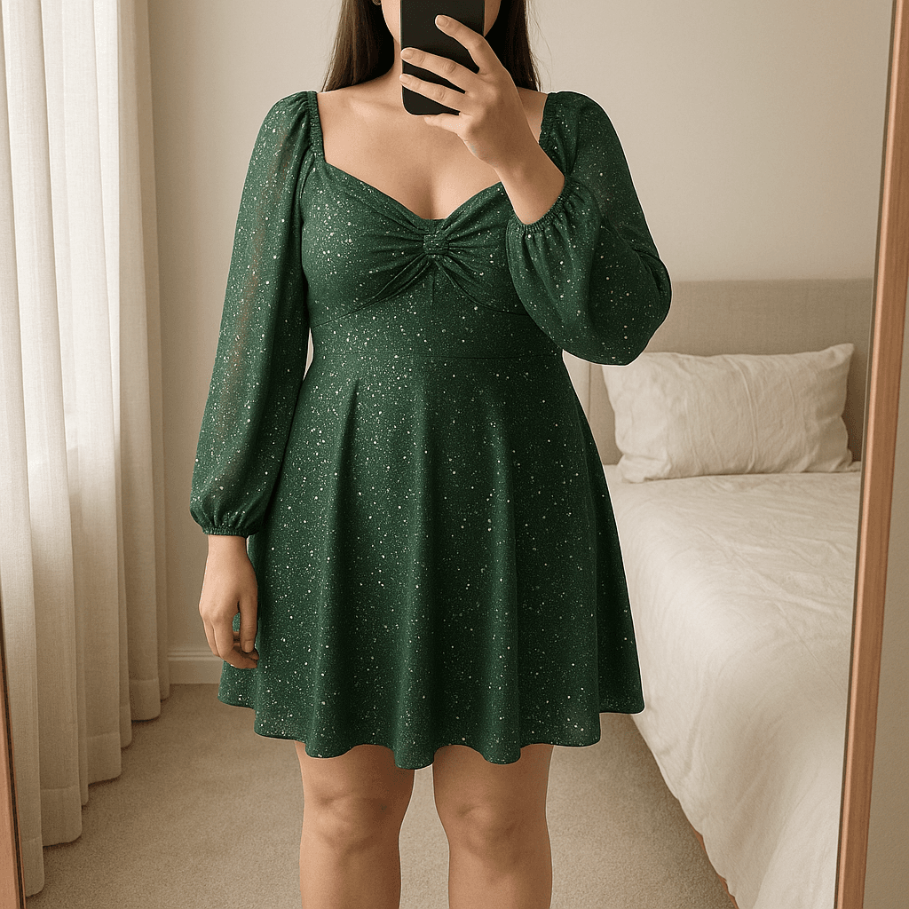 Women's sparkly dress size 16 standing straight facing the camera, in a softly lit bedroom setting, with gentle natural light filtering through a window.