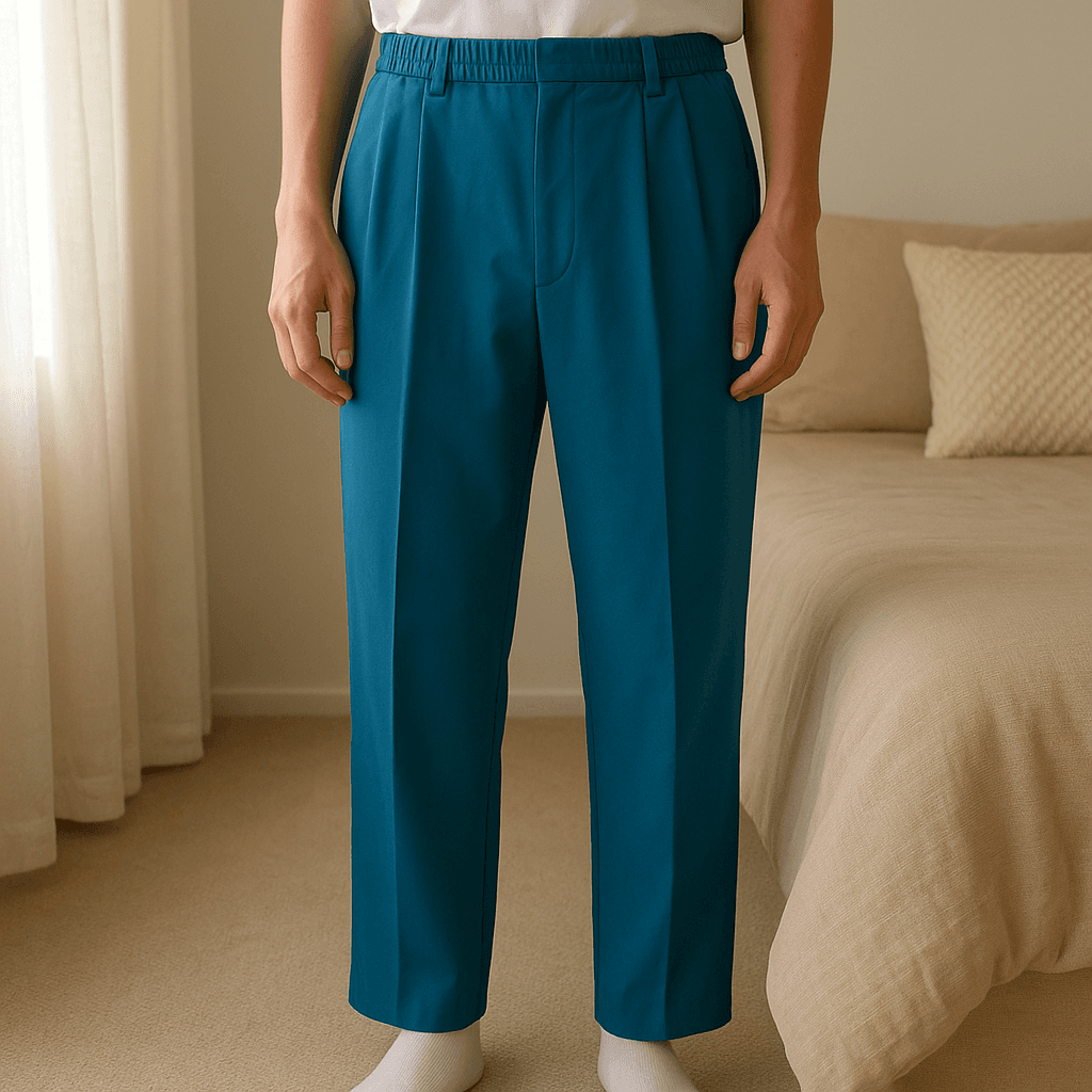 Pantaloni eleganti a palazzo in piedi, rivolto verso la fotocamera, in una camera da letto con luce soffusa e luce naturale che filtra dalla finestra.