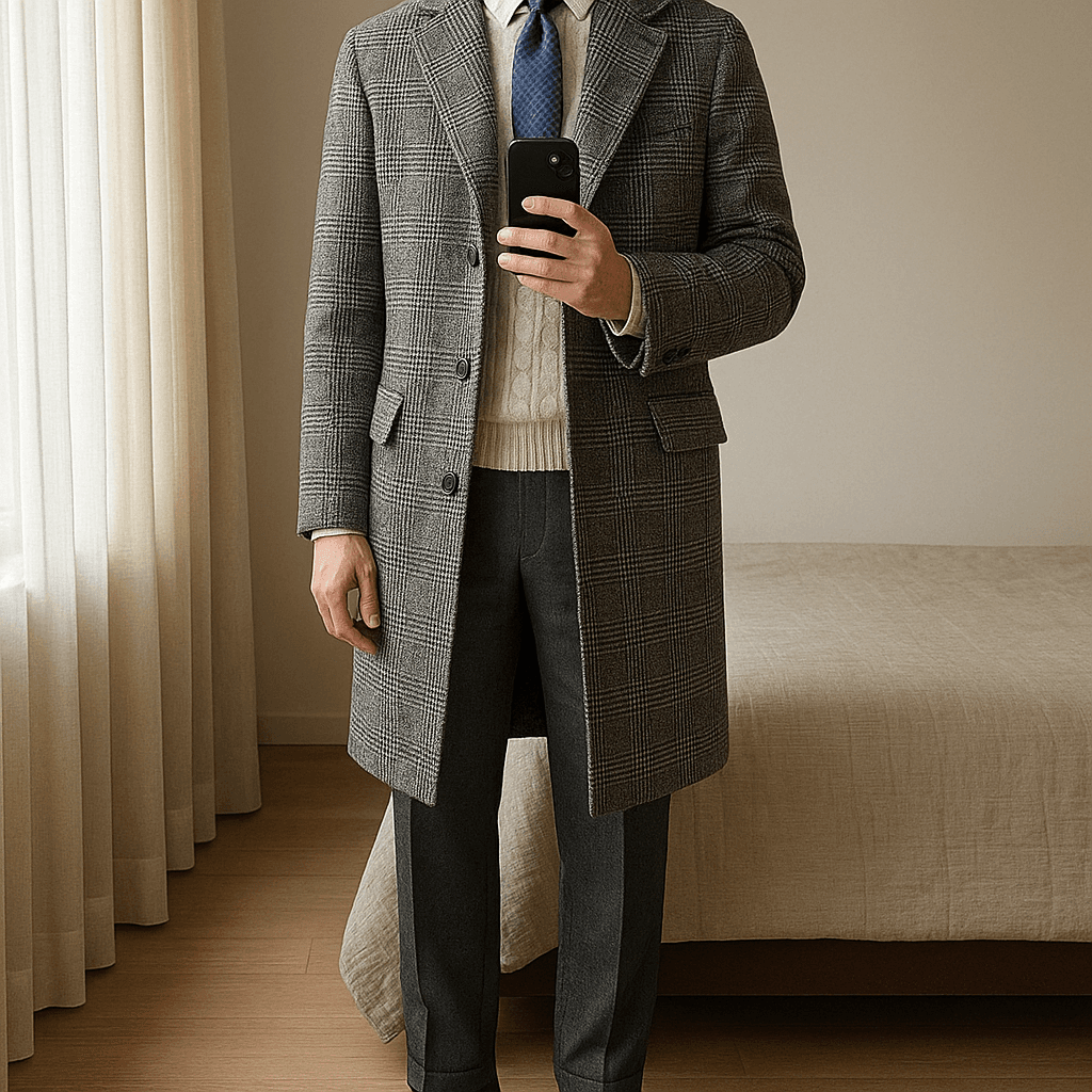 Cappotto Principe di Galles Grigio in Lana – Taglie 48 e 54 – Eleganza e Stile in piedi, rivolto verso la fotocamera, in una camera da letto con luce soffusa e luce naturale che filtra dalla finestra.