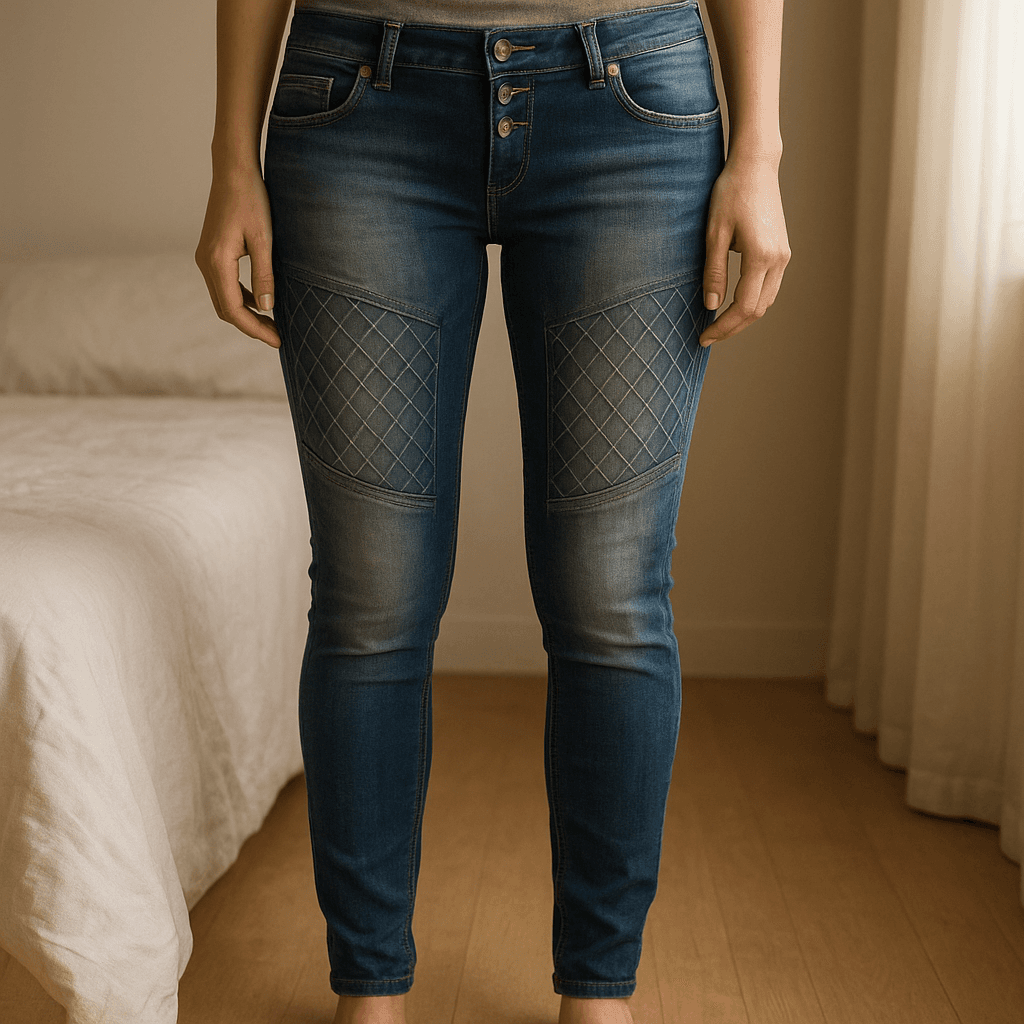 Jeans donna elasticizzati XL (46)  stile contemporaneo e comfort impeccabile in piedi, rivolto verso la fotocamera, in una camera da letto con luce soffusa e luce naturale che filtra dalla finestra.