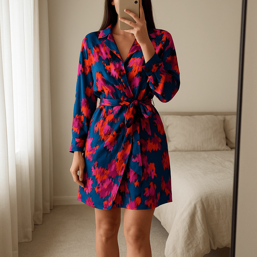 Robe cache cœur à motifs femme M - Abito Donna in piedi, rivolto verso la fotocamera, in una camera da letto con luce soffusa e luce naturale che filtra dalla finestra.