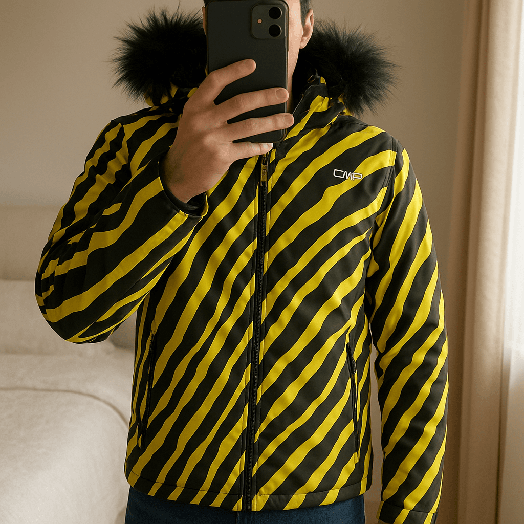 Giacca da sci in piedi, rivolto verso la fotocamera, in una camera da letto con luce soffusa e luce naturale che filtra dalla finestra.