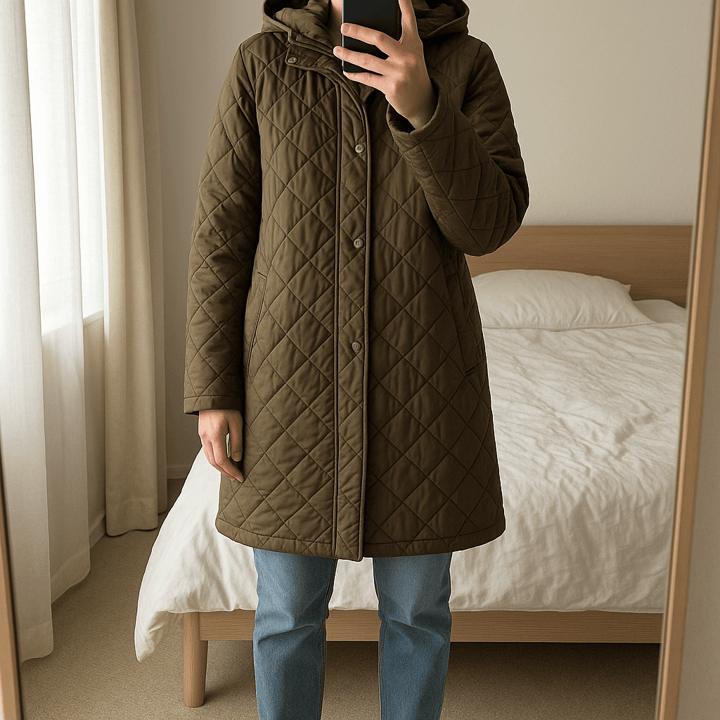 Übergangssteppjacke Marc O'Polo Gr. L aufrecht stehend, der Kamera zugewandt, in einem sanft beleuchteten Schlafzimmer, mit natürlichem Licht, das durch ein Fenster fällt.