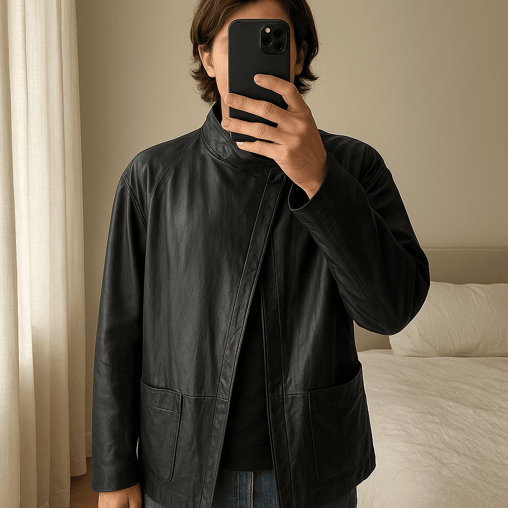 leder jacke schwarz aufrecht stehend, der Kamera zugewandt, in einem sanft beleuchteten Schlafzimmer, mit natürlichem Licht, das durch ein Fenster fällt.