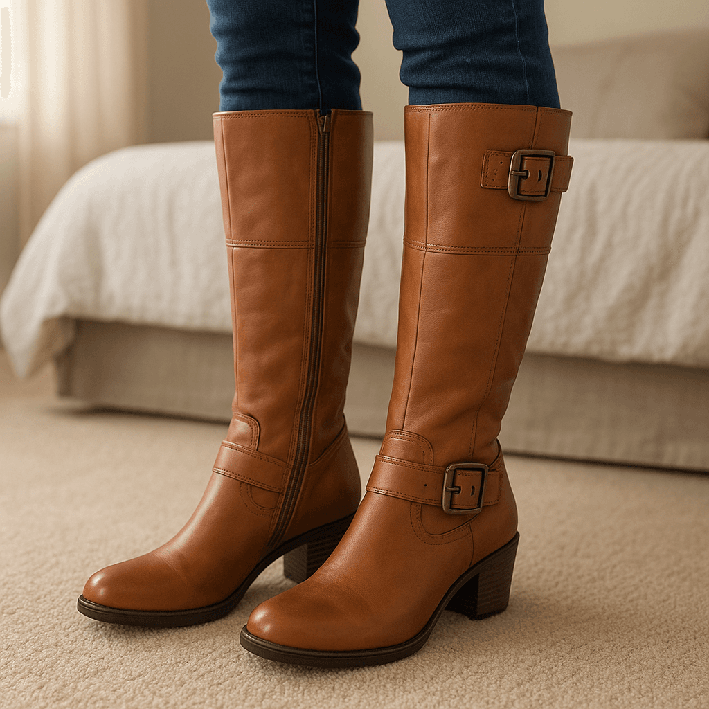 Klassische cognacfarbene Stiefel mit Absatz – Größe 40 aufrecht stehend, der Kamera zugewandt, in einem sanft beleuchteten Schlafzimmer, mit natürlichem Licht, das durch ein Fenster fällt.