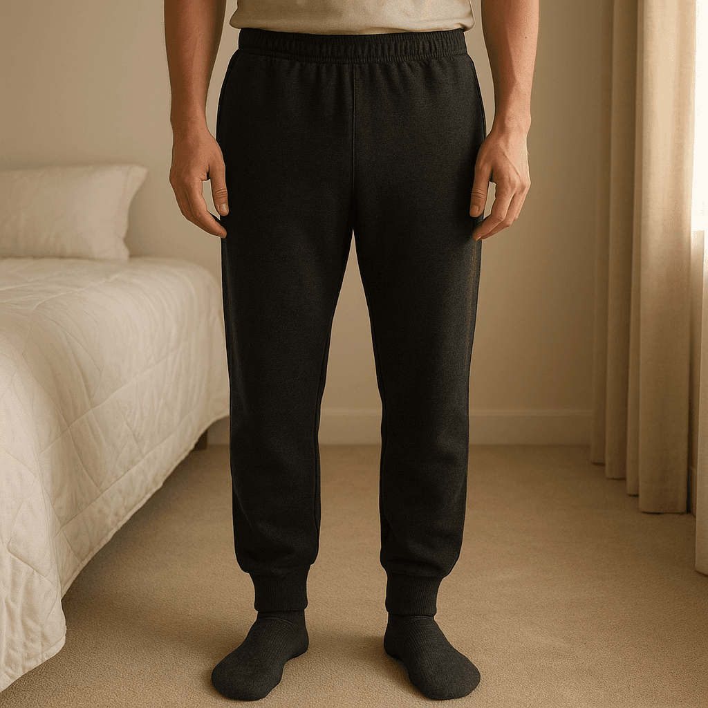 Dunkelgraue Freizeithose – schlicht & bequem aufrecht stehend, der Kamera zugewandt, in einem sanft beleuchteten Schlafzimmer, mit natürlichem Licht, das durch ein Fenster fällt.