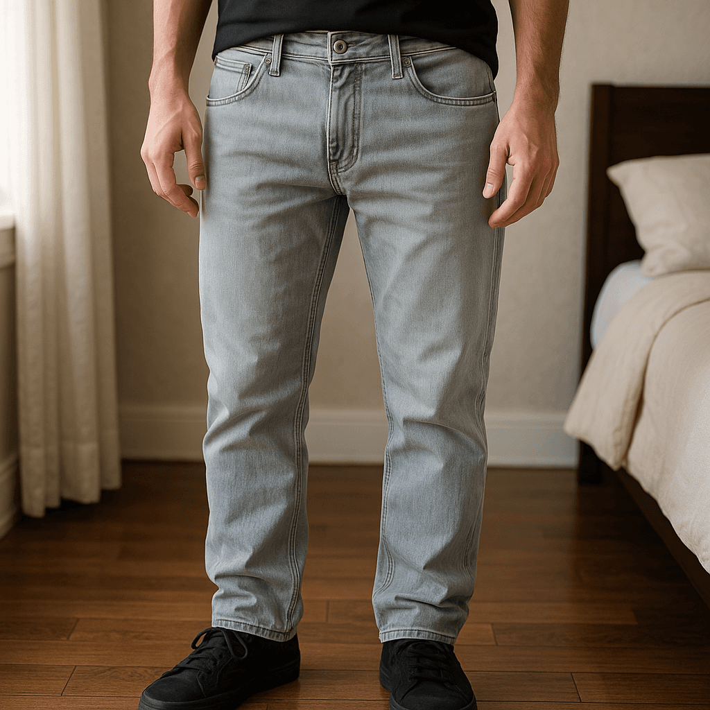 Jeans homme g-star raw 30/30 - Pantaloni g-star uomo in piedi, rivolto verso la fotocamera, in una camera da letto con luce soffusa e luce naturale che filtra dalla finestra.