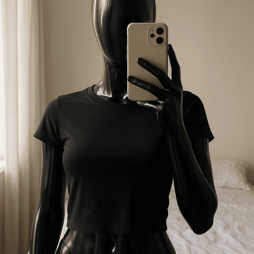 a glossy black plastic mannequin with no facial features in Čierny crop top Zara standing straight facing the camera, with a slim body type, in a softly lit bedroom setting, with gentle natural light filtering through a window.