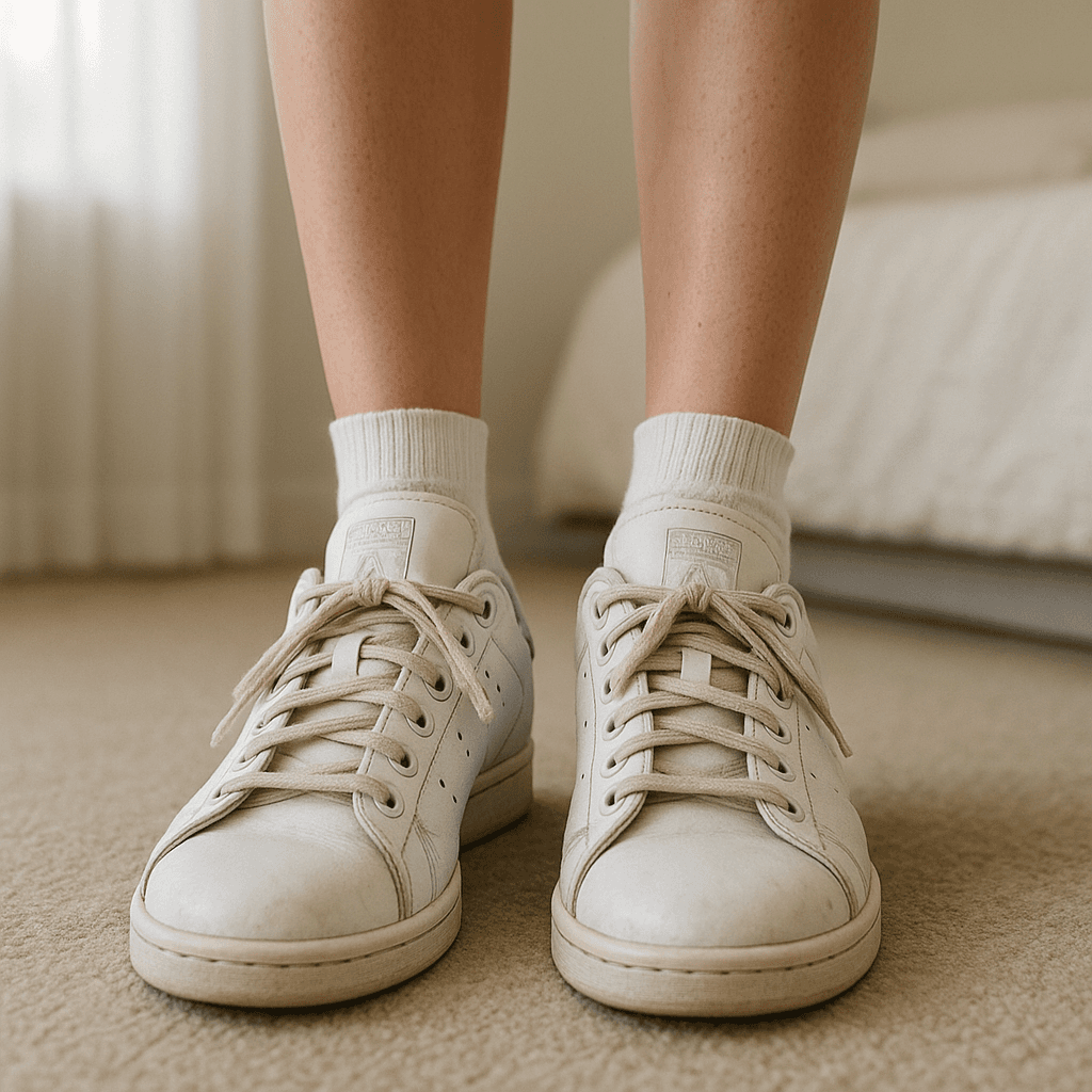 Adidas Trainers standing straight facing the camera, in a softly lit bedroom setting, with gentle natural light filtering through a window.