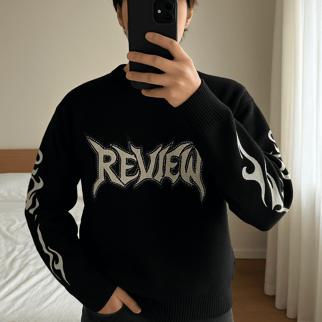 Čierny sveter REVIEW standing straight facing the camera, in a softly lit bedroom setting, with gentle natural light filtering through a window.