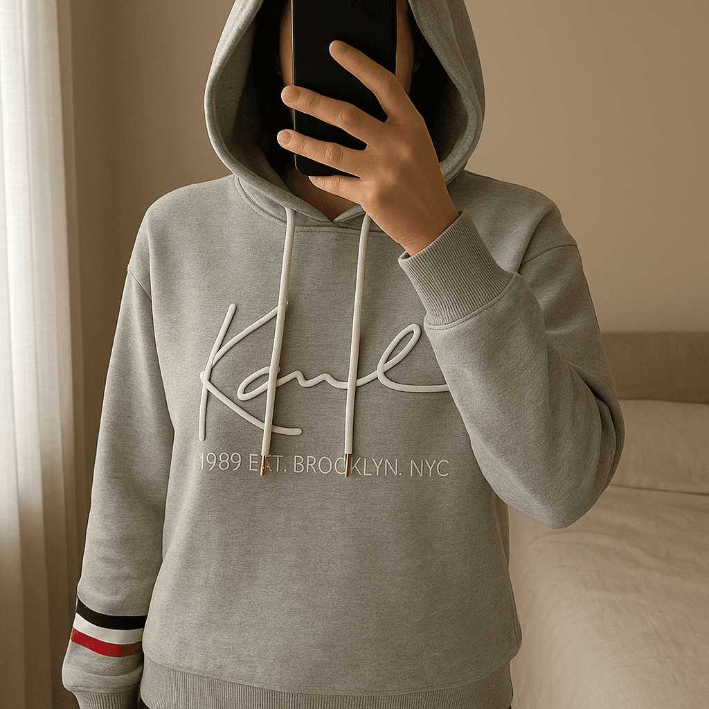 Felpa Karl Kani in piedi, rivolto verso la fotocamera, in una camera da letto con luce soffusa e luce naturale che filtra dalla finestra.