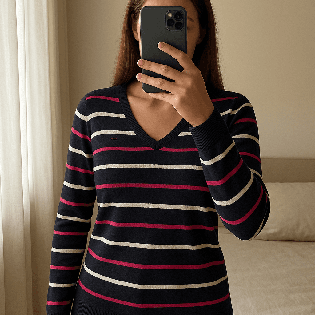 🩷 Pullover Tommy Hilfiger - Taglia S in piedi, rivolto verso la fotocamera, in una camera da letto con luce soffusa e luce naturale che filtra dalla finestra.