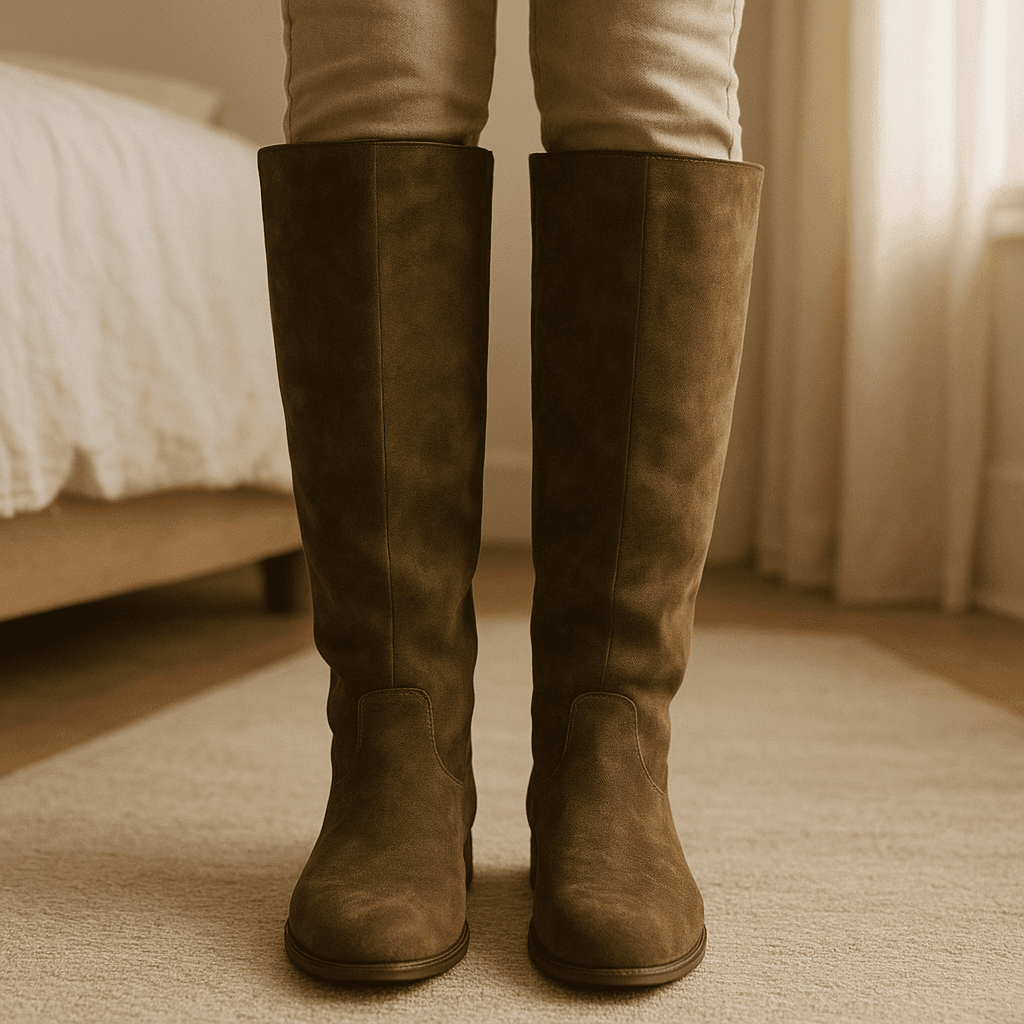 Stivali Prada Anni '80 in Camoscio - Vintage e Rari in piedi, rivolto verso la fotocamera, in una camera da letto con luce soffusa e luce naturale che filtra dalla finestra.